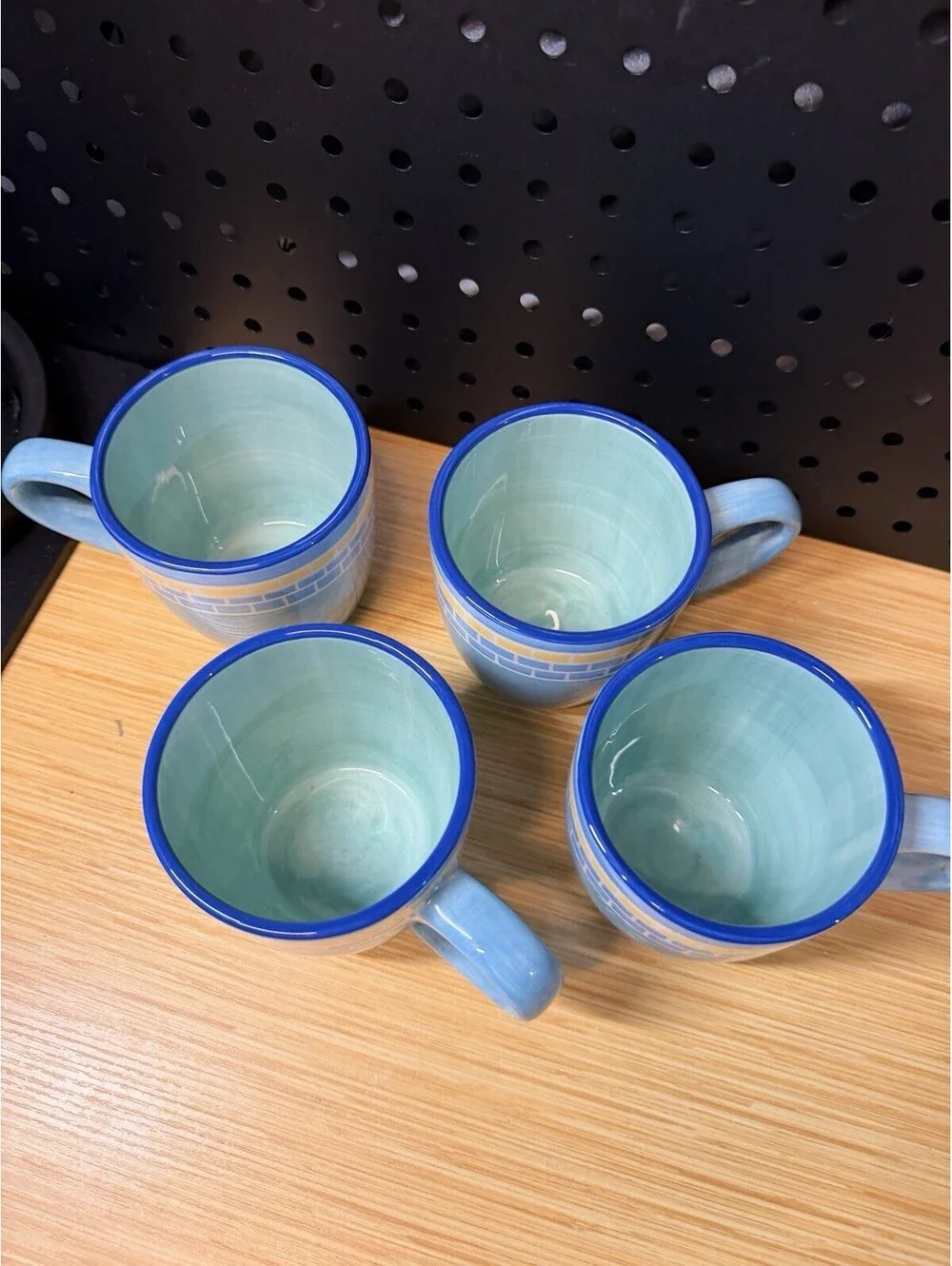 K.I.C. Brushes Hand Painted Coffee Mugs (4) Brown White Teal Stonemite